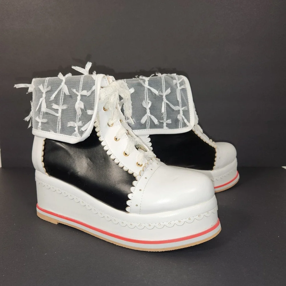 HILIB Platform Ankle Boots Womens White Black Lace Bow Kawaii Lolita Goth Shoes